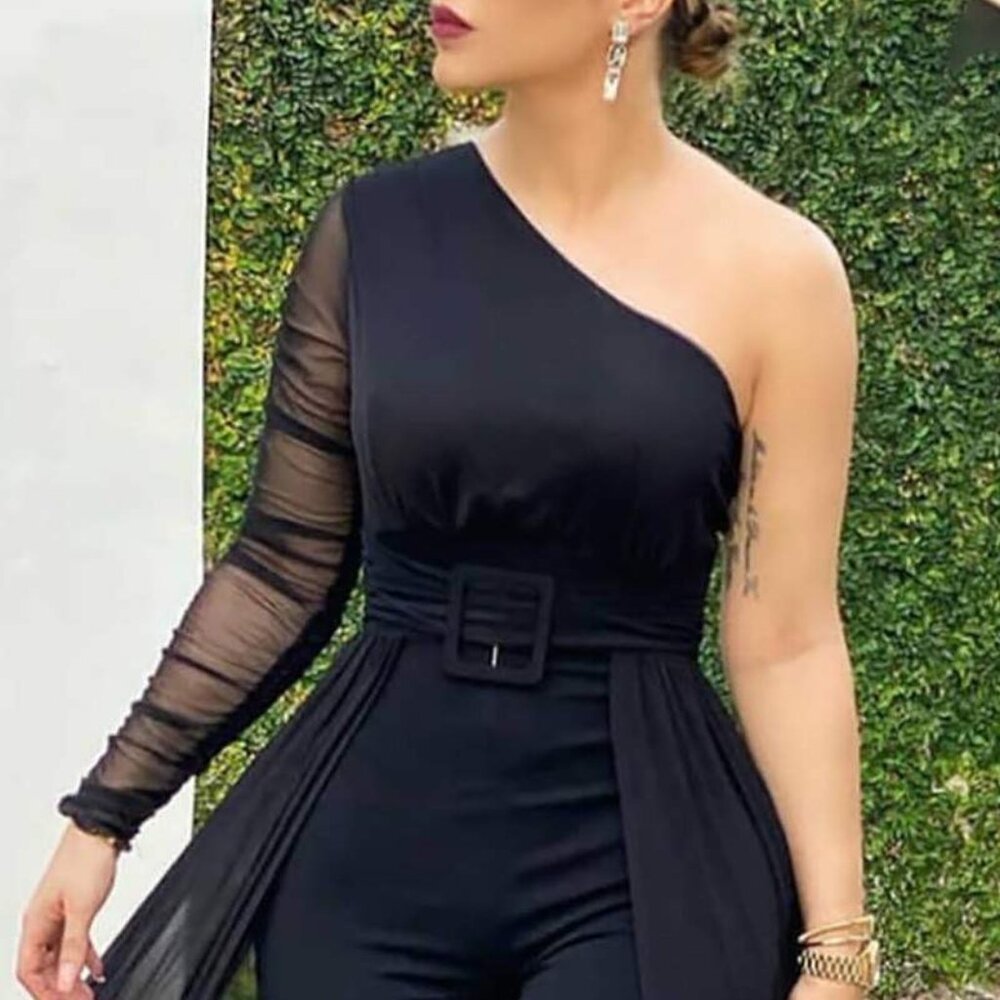 One Shoulder Sheer Mesh Jumpsuit